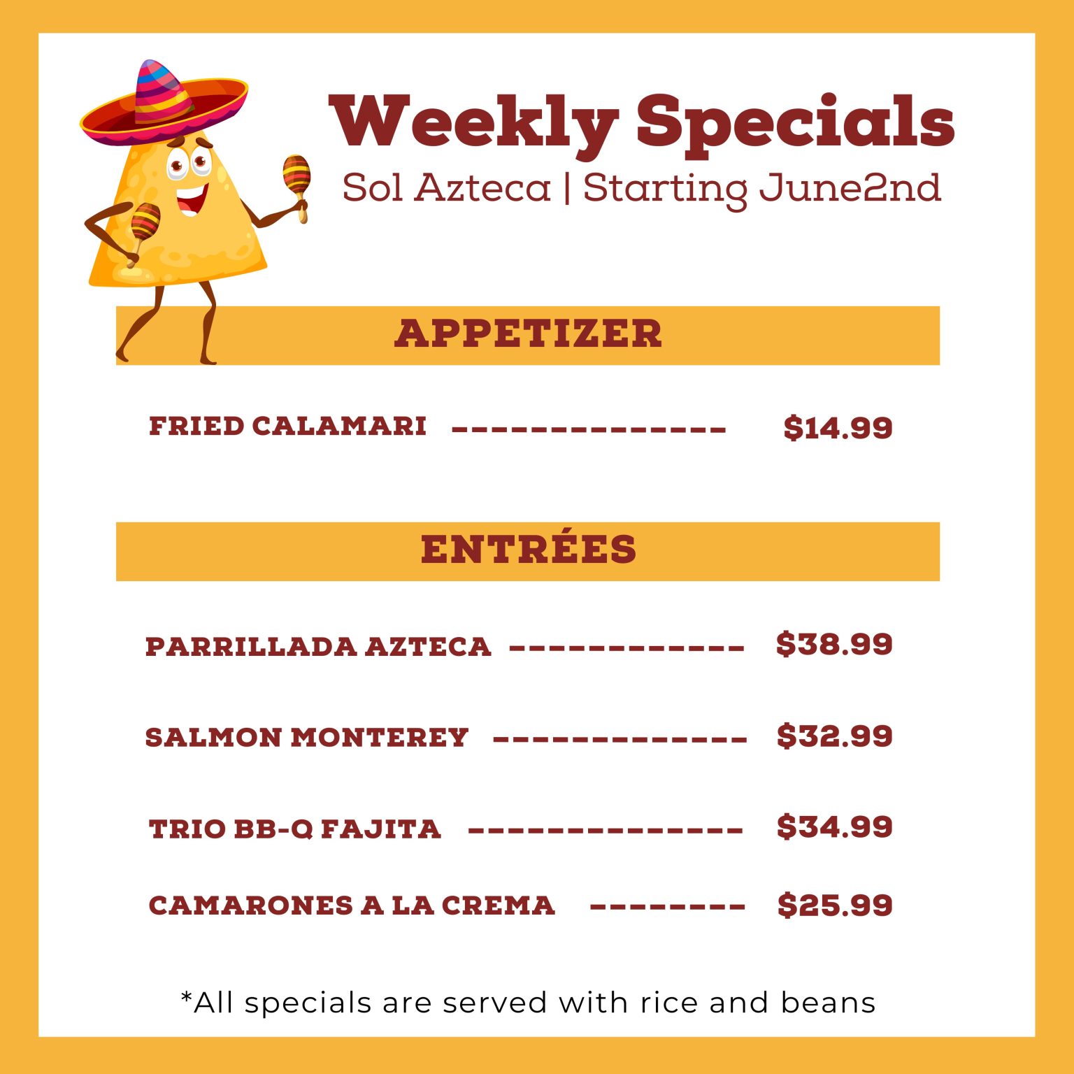 Solazo Menu Weekly Specials - Sol Azteca Restaurant